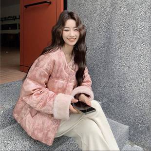 冬季 小个子超好看国 d045 新款 古厚 982式 新中风粉色复羽绒服女款