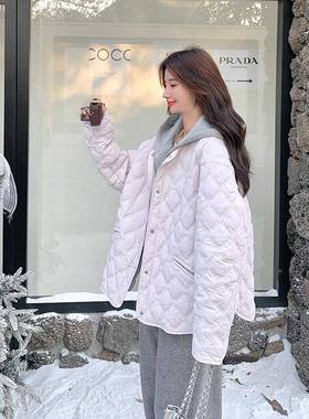 粉色菱格绒羽服女冬季c186-861新款连韩系甜质美气休闲白鸭绒帽外