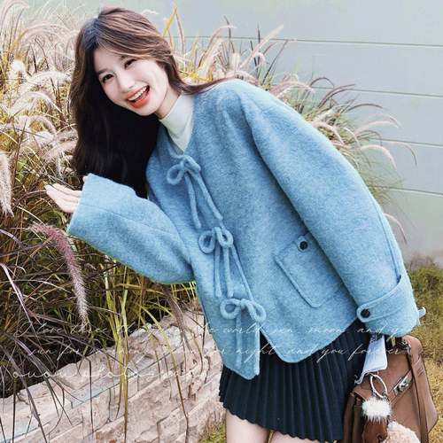 蓝色丝秋拼接短C021-0款毛外套女冬蝴蝶结学院减亮龄小个呢子短款