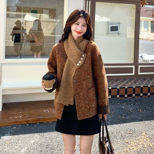 咖色复古双面羊外套女毛子年秋冬C282-981新季款时尚小个子百搭呢