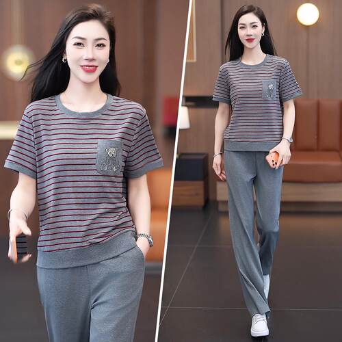 条纹短袖休闲运装女夏动新款两件套宽松洋气减中19-6915年套妈妈