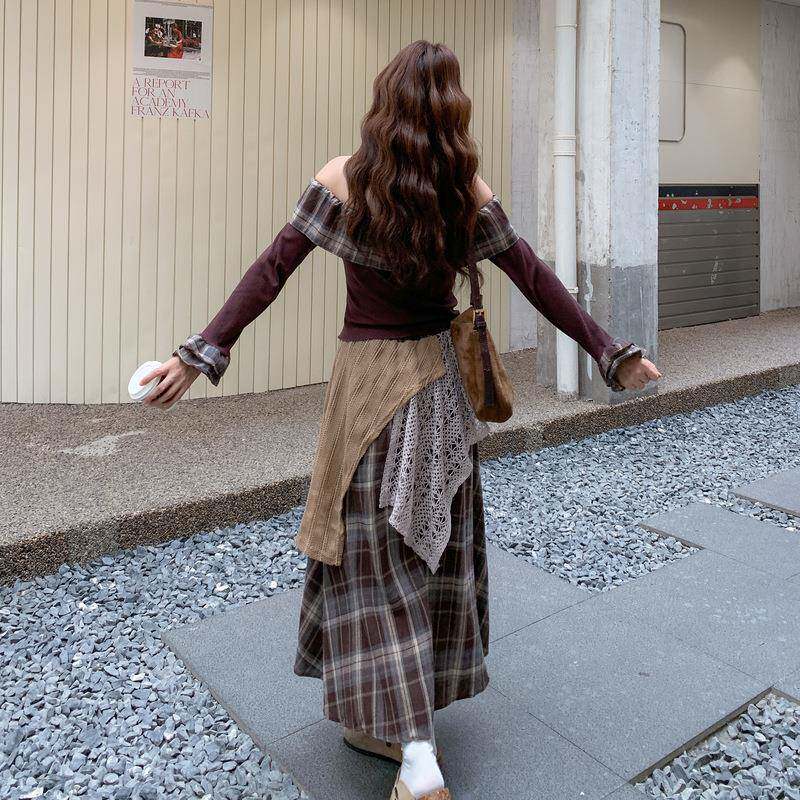 ZR2C20慵风荷叶懒边字肩拼一接瘦上衣半身裙套装女秋季新款气质显