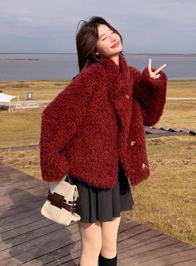 红色羊羔毛外套一女冬新小款流韩系个b09-256行子棉服甜美风仿皮