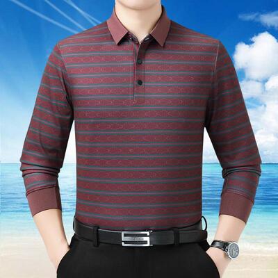 秋季新款商务中士年纹男衫直条筒翻领休闲长袖真5592-P恤丝男