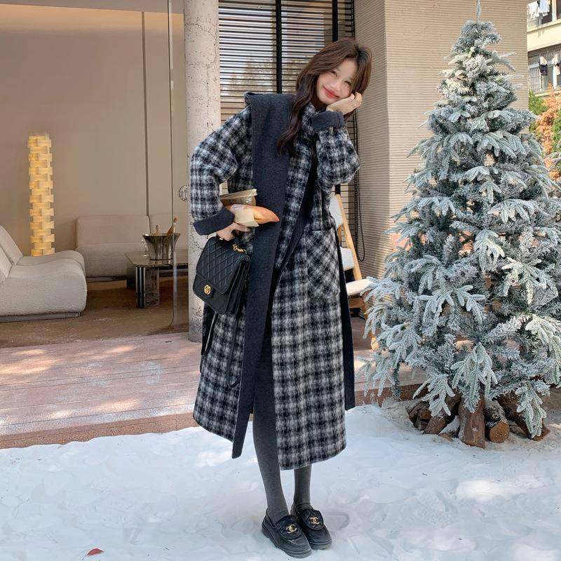 学院秋格子撞色双C028-110面呢羊毛风甲外套长马款大衣女冬新款两