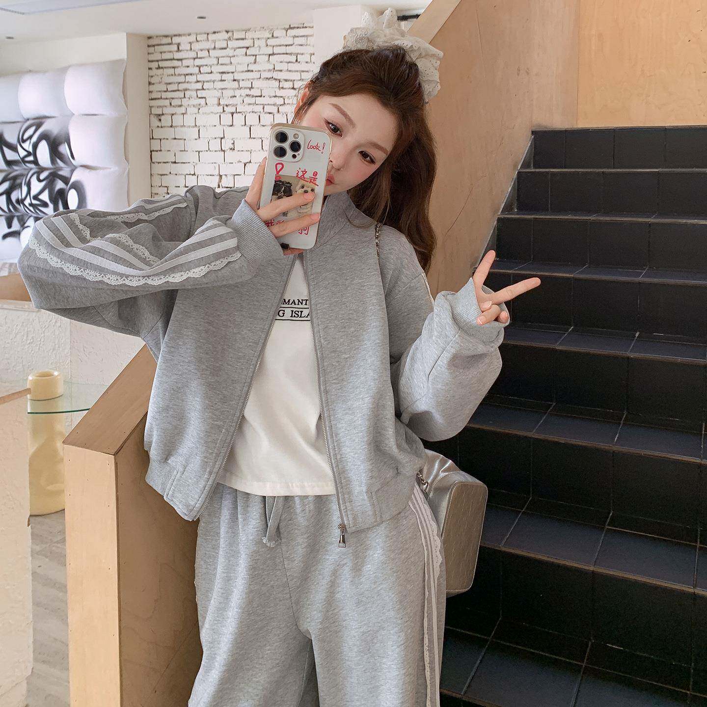 韩版休闲条运动风卫衣卫裤套女两秋季灰色纹外套装ZR2D009休闲裤