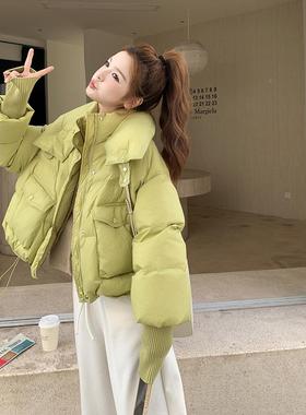绿色厚冬设b005-609计感立领羽绒服女季巨好看短款加面服白鸭包绒