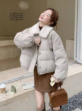 鸭灰色领羊羔厚毛翻羽绒服女小b151-159个子冬季新款加减龄白绒外
