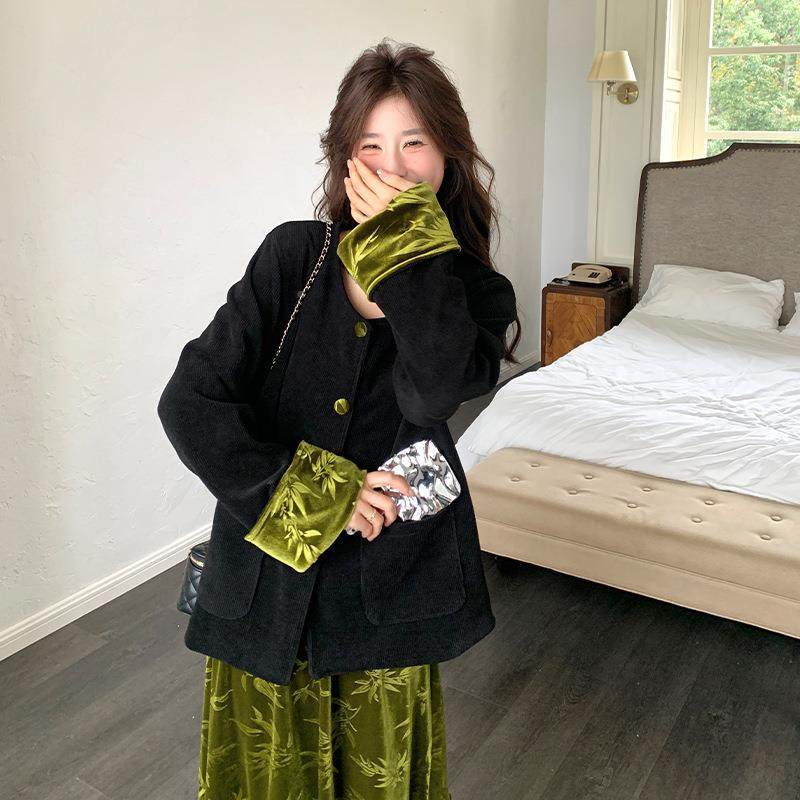 新中式级感丝绒装身高裙女秋季新款国风上衣套碎花半裙ZR2C007两