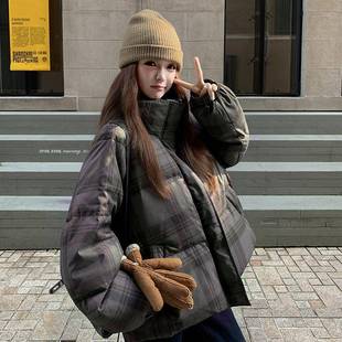 加厚保暖白鸭外 韩版 灰色复古格纹b17 508绒绒服女小子冬个新羽款