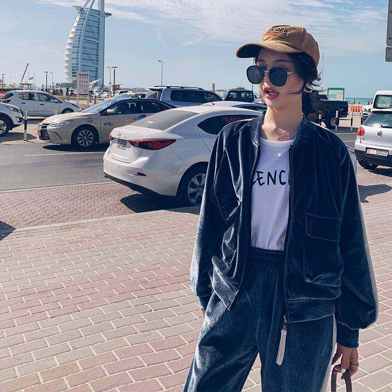 金丝绒运休动套装版女秋季新款时尚个洋气韩宽松小子闲两ZR2D120