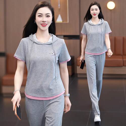 冰件丝显瘦洋休闲动套装女夏171-6956季新运款时尚气减龄连帽短袖