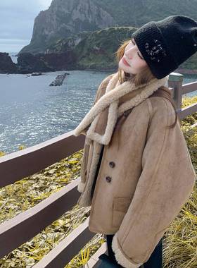 卡其色复围巾款仿羔皮毛一体外套女冬羊毛c182-575绒加厚新古夹克