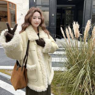 好韩系宽松套 黄新款 C110 H98奶色仿皮看毛一体羊羔毛棉服外女冬季