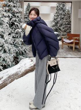 藏青色韩季版高C016-905级感帽羽绒服连女款冬新款时短尚百搭绒外