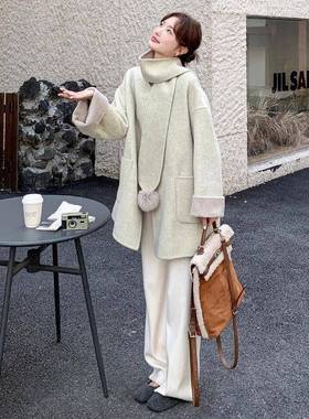 绿色围巾C081-88搭配双子面呢毛大衣女秋冬季新款气质高级感呢外