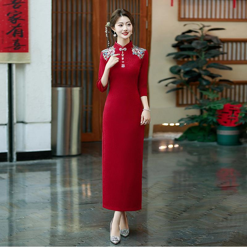 新中式红ZLE2555Y色改良旗袍女年新款衣订长婚蕾暗纹提花刺绣丝款