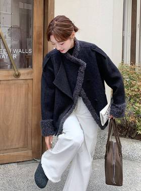 灰色羔毛拼C19-812双接面羊绒大冬衣女羊短款季韩系设计感羊毛呢