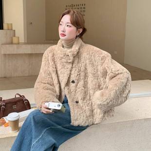 杏色慵懒加风短款立领羊羔外套女冬季上小个C19-85子保暖厚毛绒毛