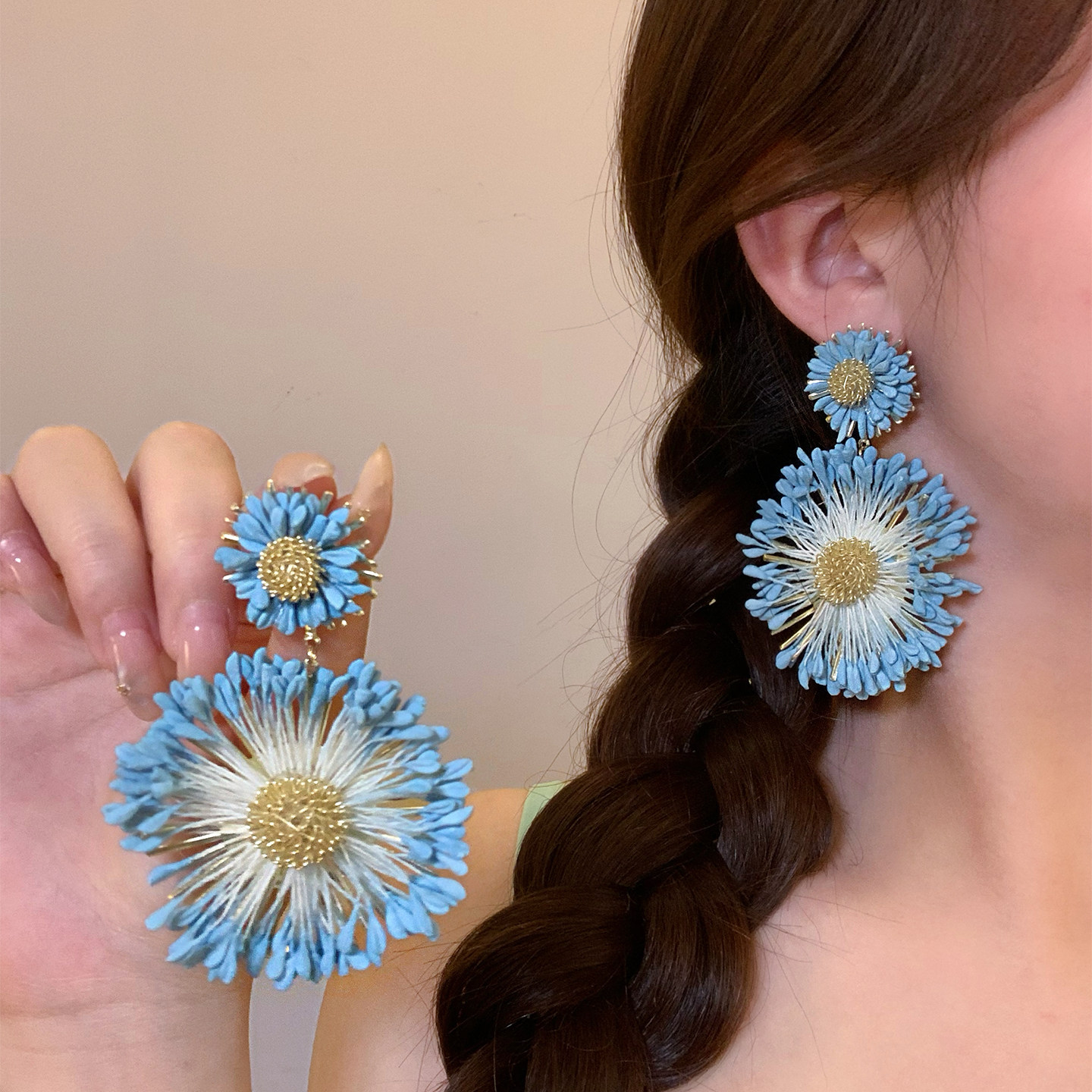 海边度假风蓝色太阳花耳环女独特小众氛围感耳钉夸张显脸小耳饰,饰品/流行首饰/时尚饰品新,耳环,淘宝优惠券,粉丝福利购,淘宝优惠卷