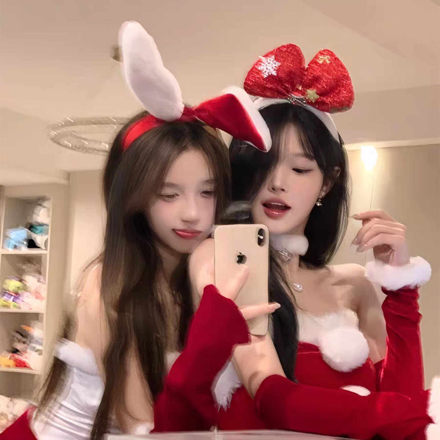 圣诞姐妹花兔耳蝴蝶结发箍