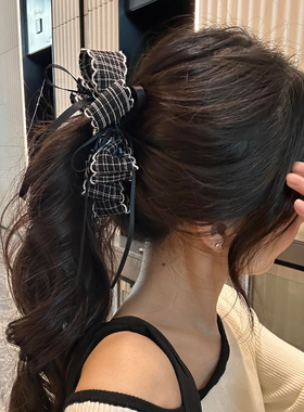 韩系高级感格纹蝴蝶结飘带香蕉夹女发饰后脑勺发夹马尾夹竖夹头饰