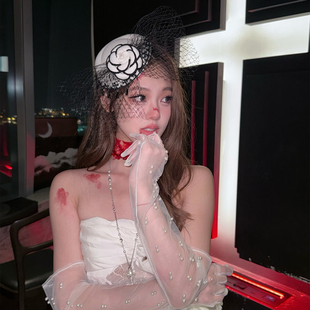 原创设计 万圣节cos装扮发饰白色山茶花蕾丝礼帽发夹女Lolita头饰