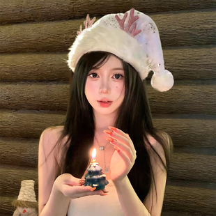 圣诞节氛围感白色雪花鹿角圣诞帽子cos节日穿搭装扮拍照头饰新款