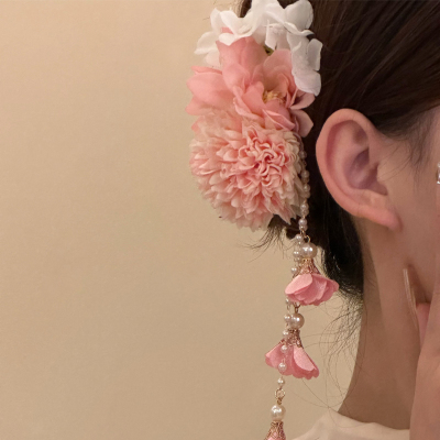 春夏季粉色牡丹花朵流苏发夹头花