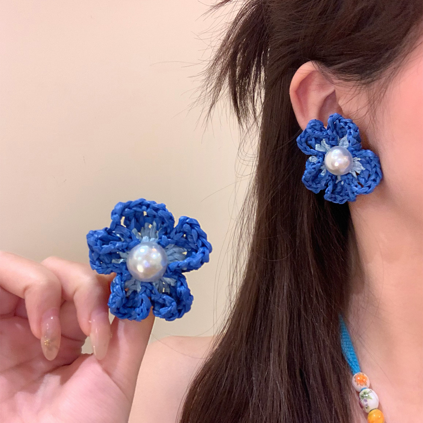 海边假日~度假风蓝色编织珍珠花朵耳环女拍照出游耳钉夸张耳饰品,饰品/流行首饰/时尚饰品新,耳环,淘宝优惠券,粉丝福利购,淘宝优惠卷