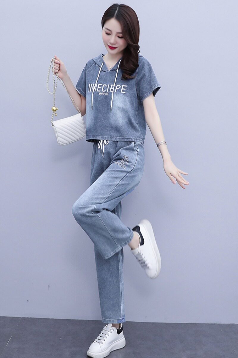 夏天牛仔阔腿裤两件套韩版2023新款大码时尚套装女休闲牛仔运动服