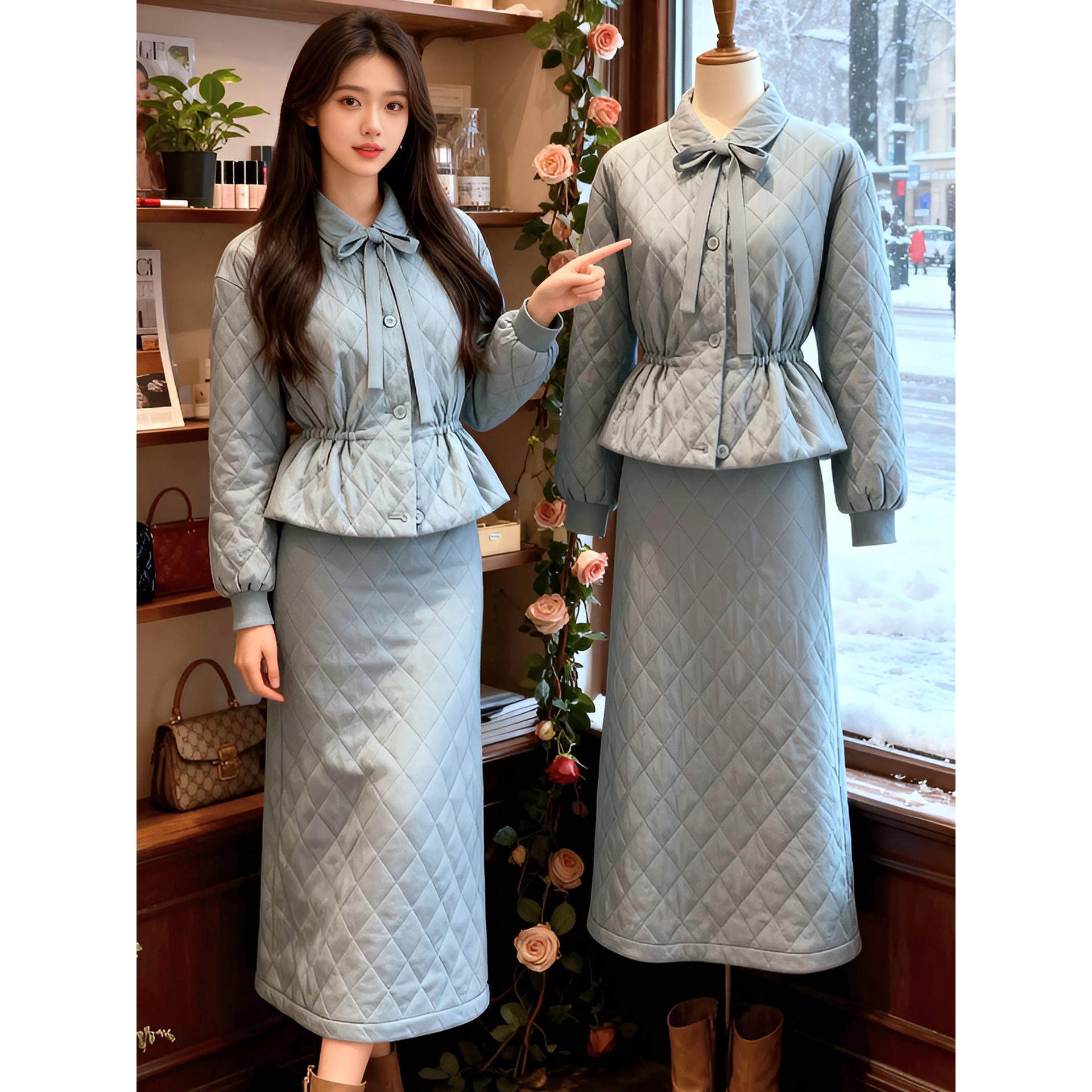 2025秋冬季新款减龄甜美风蝴蝶结菱格棉服外套+高腰半身裙两件套,女装/女士精品,上衣,淘宝优惠券,粉丝福利购,淘宝优惠卷
