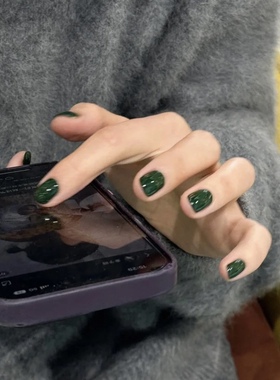 显白复古绿色纯色美甲成品贴片气质森林绿色短款穿戴甲假指甲片