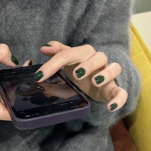 显白复古绿色纯色美甲成品贴片气质森林绿色短款 穿戴甲假指甲片