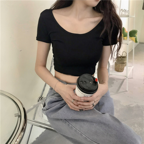 Real price real shot black underpainting women's back cross cut slim Short Sleeve T-Shirt Top