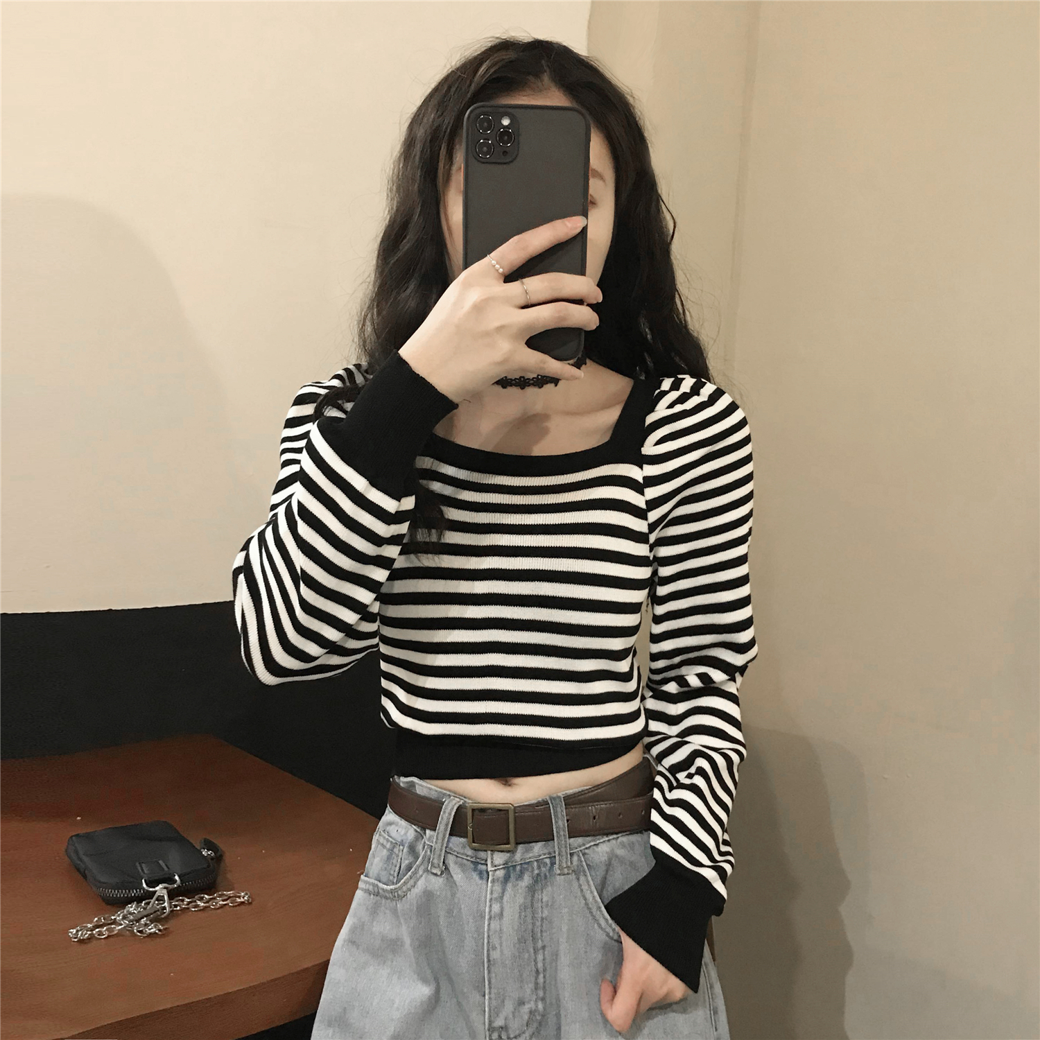 Real price real shot foreign style striped knitwear square collar slim versatile short top sweater girl