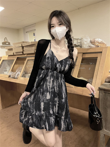 Real price real shot summer slim tie dyed Chiffon suspender dress cardigan two piece set a663+