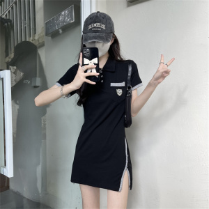 PS55692# 减龄显瘦短袖连衣裙女网红小个子开叉小黑裙潮 服装批发夏装新款货源