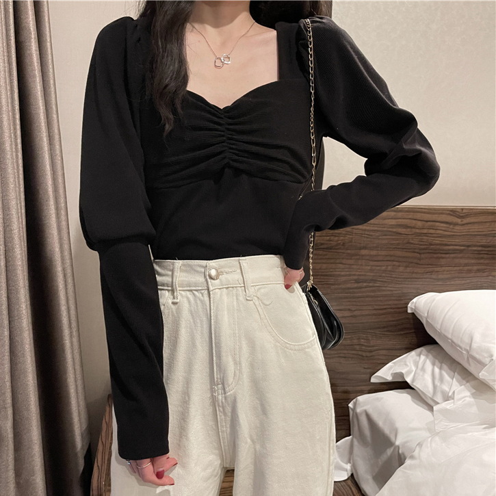 Real price real shot early spring new 2021 French bubble sleeve V-neck temperament shirt show thin top