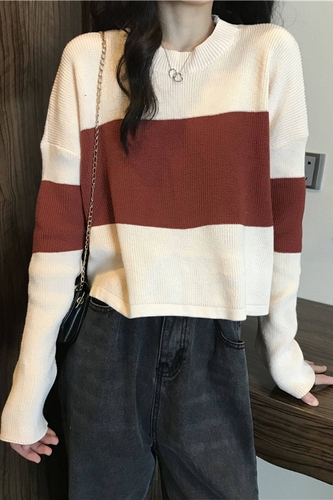 Real price real shot striped sweater women's New Retro loose lazy style long sleeve Hong Kong style top