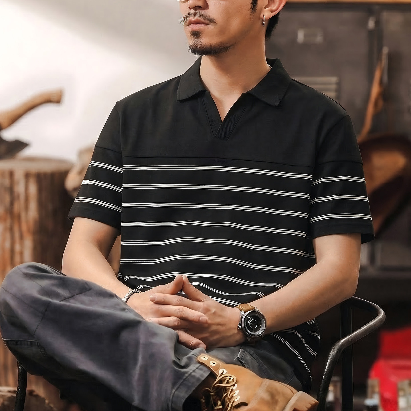 美式海鸥领polo衫男款条纹翻领短袖T恤夏季2026新款轻奢休闲上衣