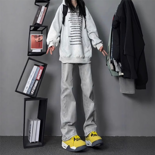 烟灰色柳叶弯刀牛仔裤男女美式高街vibe直筒显腿长窄版微喇叭裤子