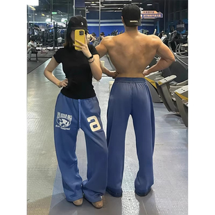 美式街头风字母印花卫裤男女款春秋季蓝色hiphop运动休闲阔腿裤子