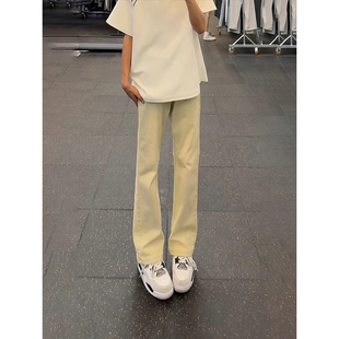 美式黄泥色牛仔裤男夏季修身复古显瘦微喇裤子高街宽松弯刀直筒裤