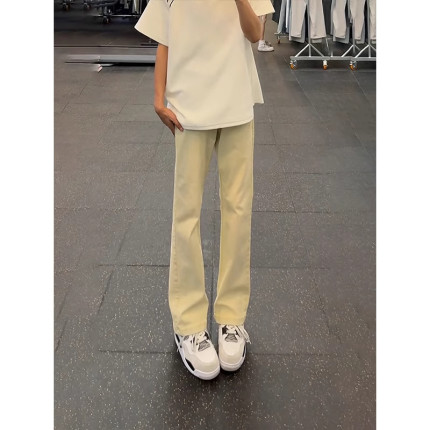 美式黄泥色牛仔裤男夏季修身复古显瘦微喇裤子高街宽松弯刀直筒裤