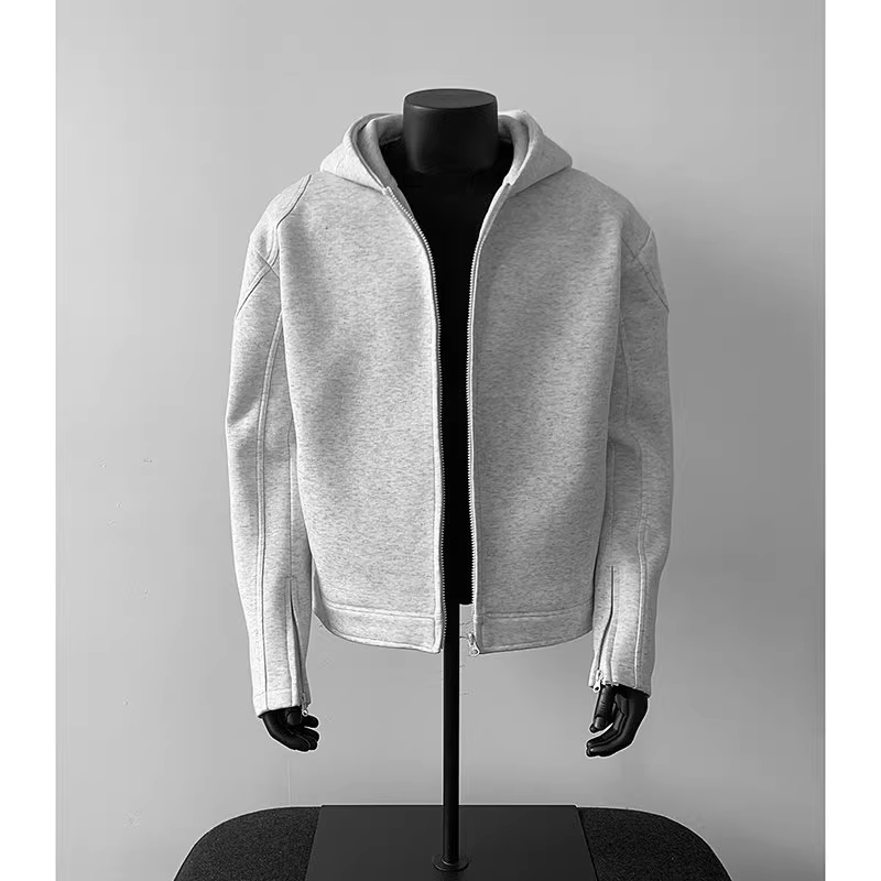 灰色美式正肩连帽卫衣男女秋季cleanfit重磅boxy短宽拉链机车外套