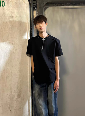 灰色青少年半拉链垫肩短袖男款夏季铆钉设计正肩t恤cleanfit半袖