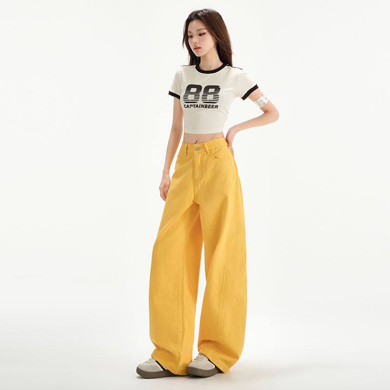 高档纯棉多巴胺黄色小个子九分弯刀牛仔裤女生2025春装爆款香蕉裤