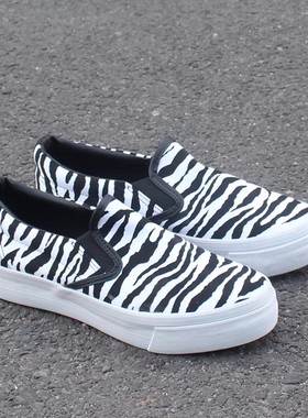 满2包邮11.23瑕疵女士厚底斑马纹帆布鞋女鞋增高一脚蹬懒人布鞋