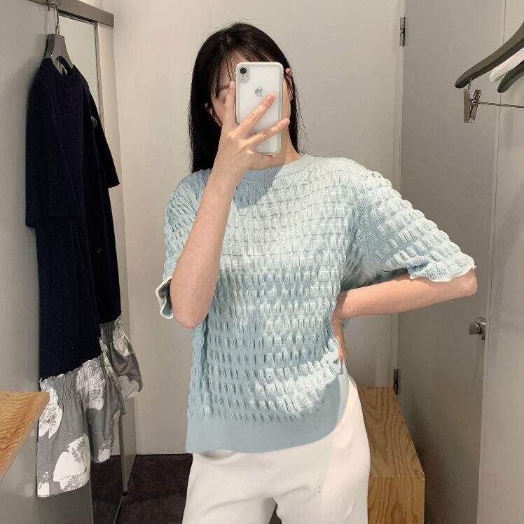 香港欧美风ins潮牌新款立体泡泡纹理针织上衣女短袖T恤圆领气质春